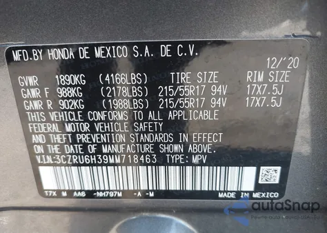 2021 Honda Hr-V Awd Lx из США, поврежденный, VIN 3CZRU6H39MM718463